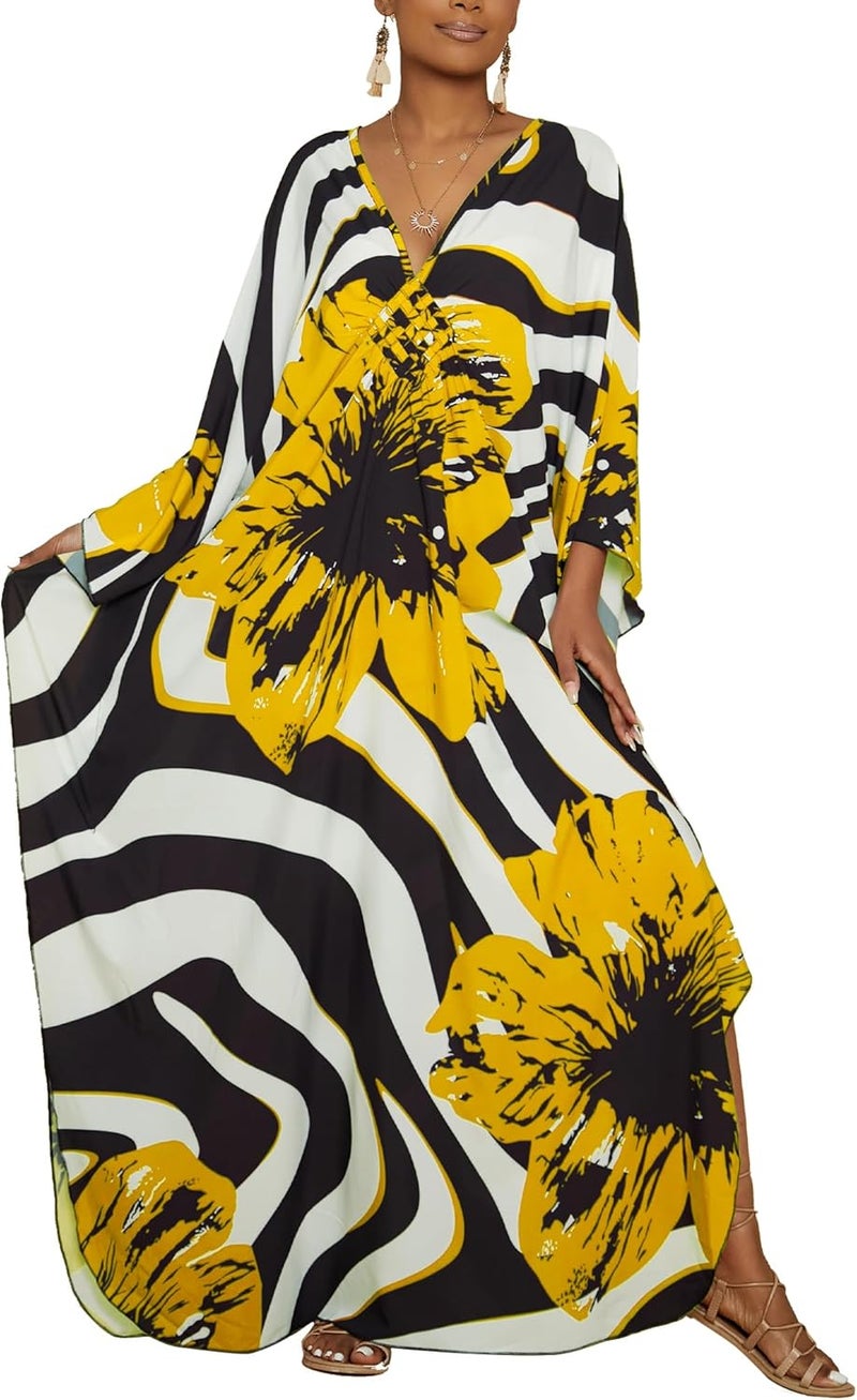 Bsubseach Women Floral Print Kaftan Dresses Plus Size Bathing Suit Cover Up Moo Moos Caftan Beach Dress for Swimwear Summer - Image 1